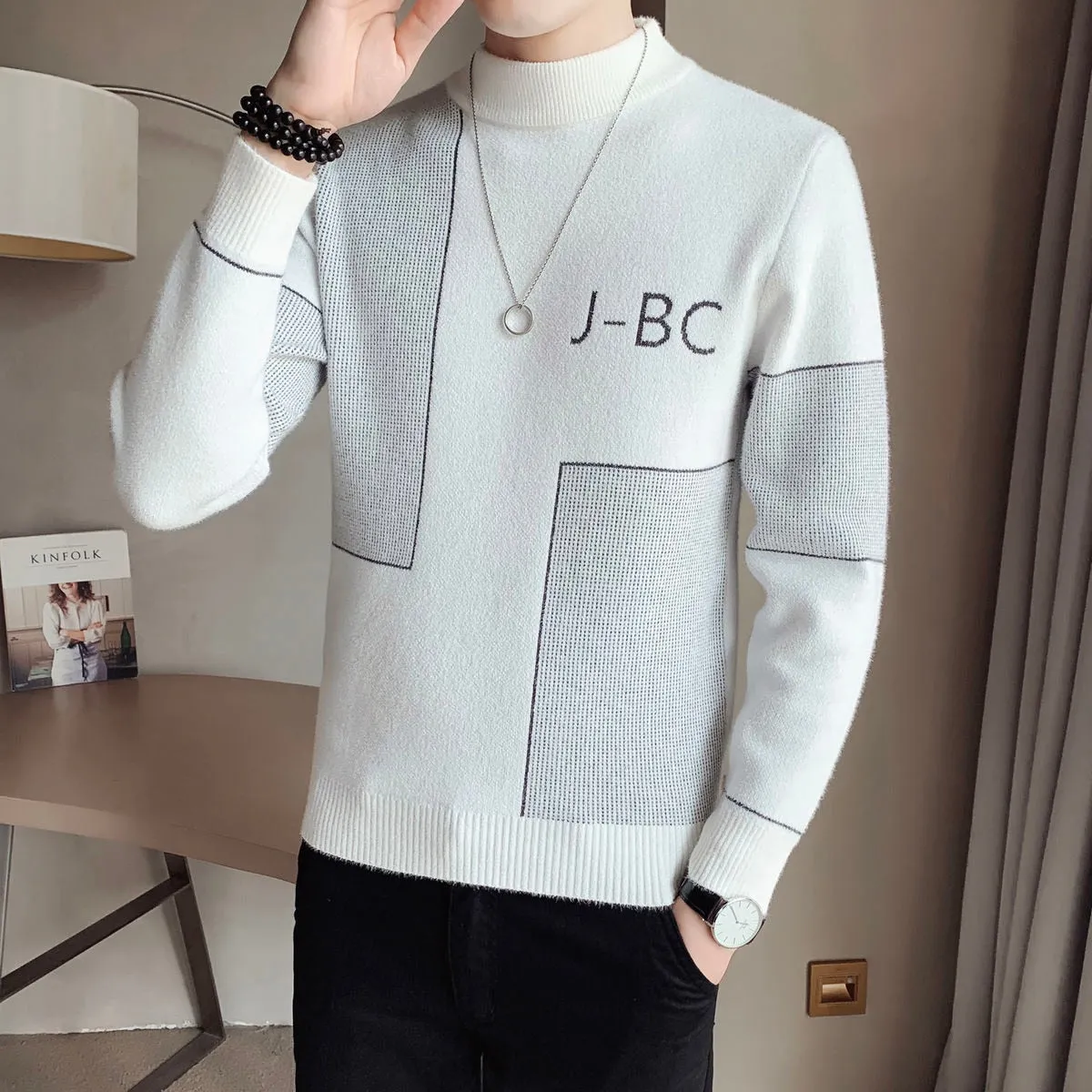 Men's Korean Winter Warm Turtleneck Square Line Letter Slim Fit Pullover