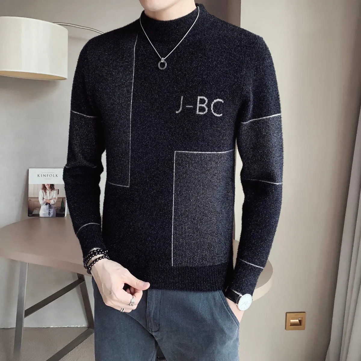 Men's Korean Winter Warm Turtleneck Square Line Letter Slim Fit Pullover