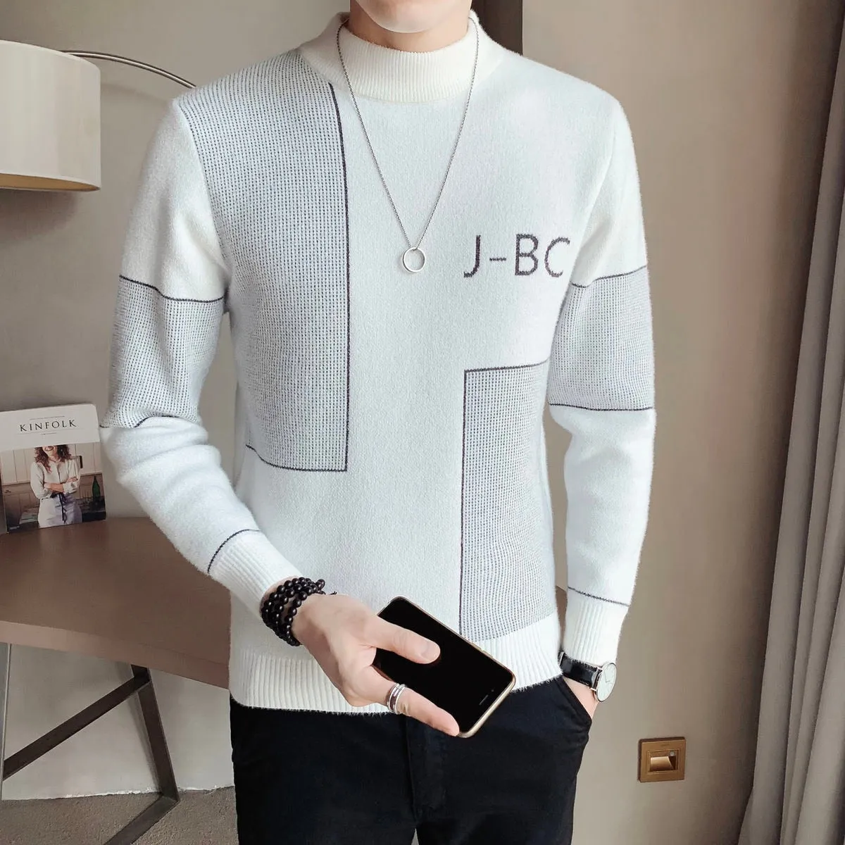 Men's Korean Winter Warm Turtleneck Square Line Letter Slim Fit Pullover