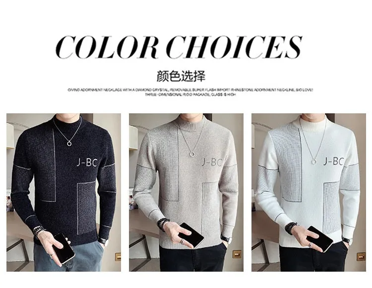 Men's Korean Winter Warm Turtleneck Square Line Letter Slim Fit Pullover