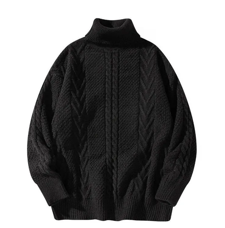 Men's Winter Casual Solid Jacquard Knit Cold Proof Turtleneck Pullover