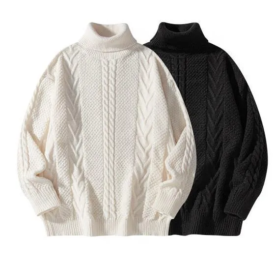 Men's Winter Casual Solid Jacquard Knit Cold Proof Turtleneck Pullover