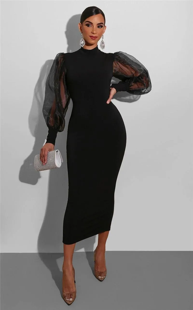 Mesh Puff Sleeve Bodycon Dress with High Neck, Back Split for Women's Club Outfits