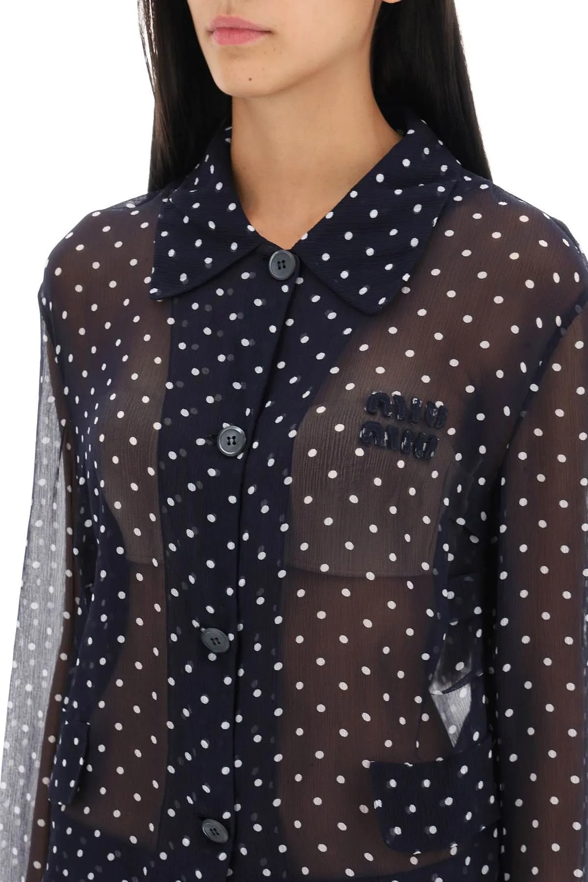 MiuMiu  |Dots Silk Long Sleeves Logo Shirts & Blouses