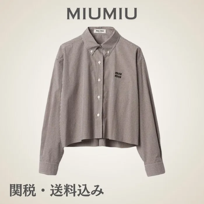 MiuMiu  |Gingham Casual Style Long Sleeves Cotton Logo