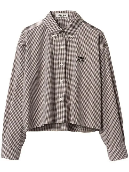 MiuMiu  |Gingham Casual Style Long Sleeves Cotton Logo