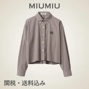 MiuMiu  |Gingham Casual Style Long Sleeves Cotton Logo