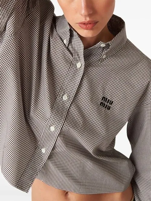 MiuMiu  |Gingham Casual Style Long Sleeves Cotton Logo