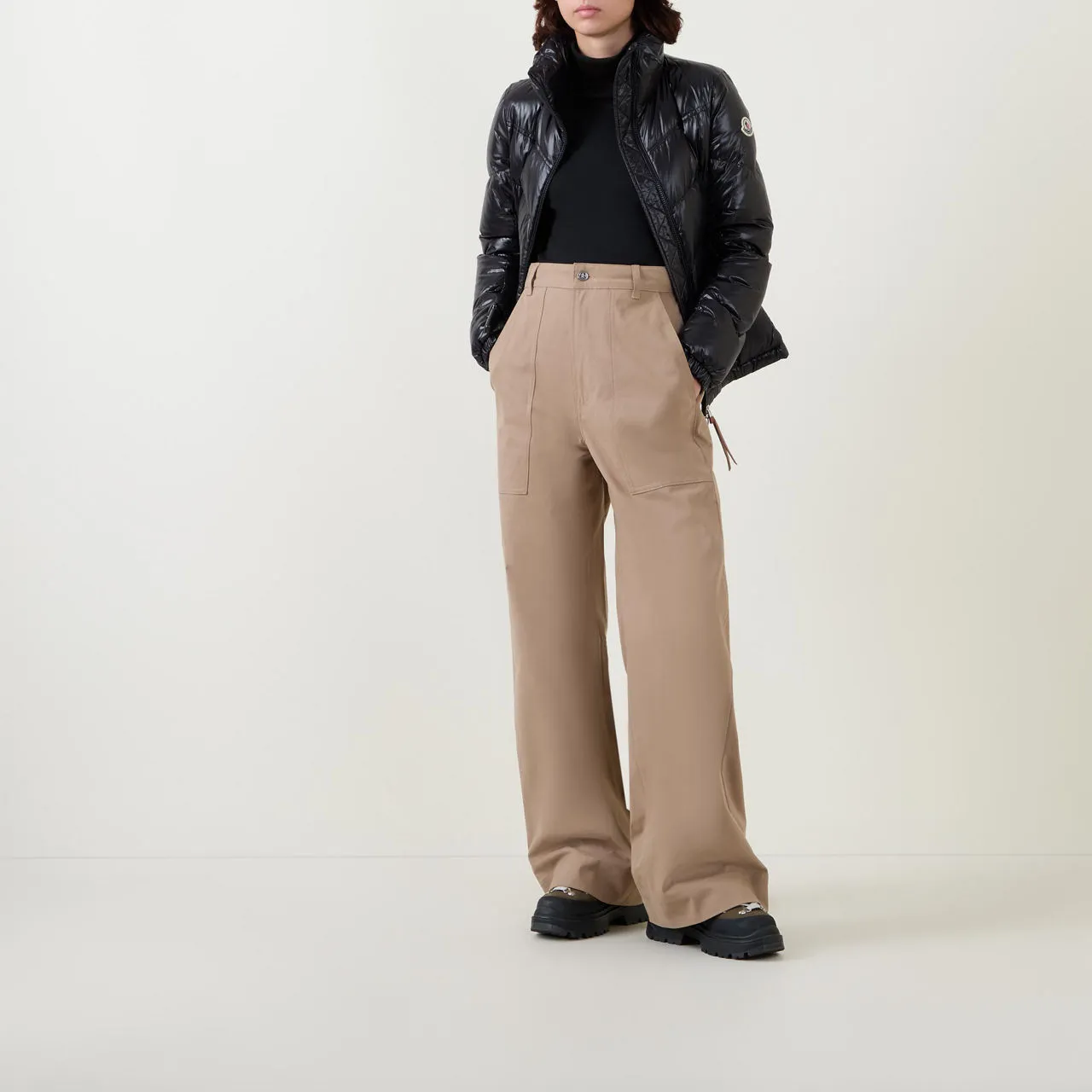 MONCLER High-Rise Wide Leg Trousers - Beige