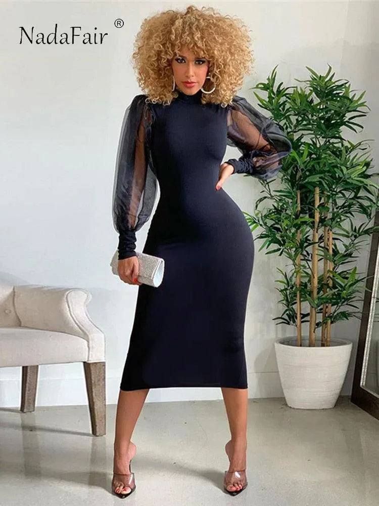 Nadafair Mesh Puff Sleeve Sexy Bodycon Dress