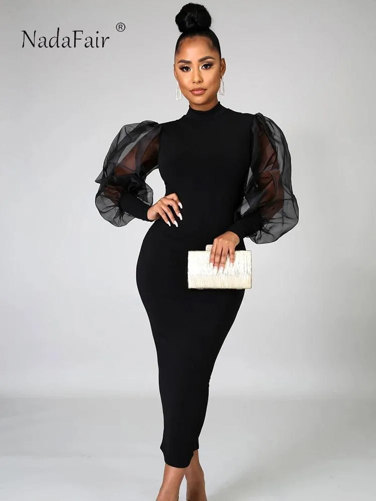 Nadafair Mesh Puff Sleeve Sexy Bodycon Dress