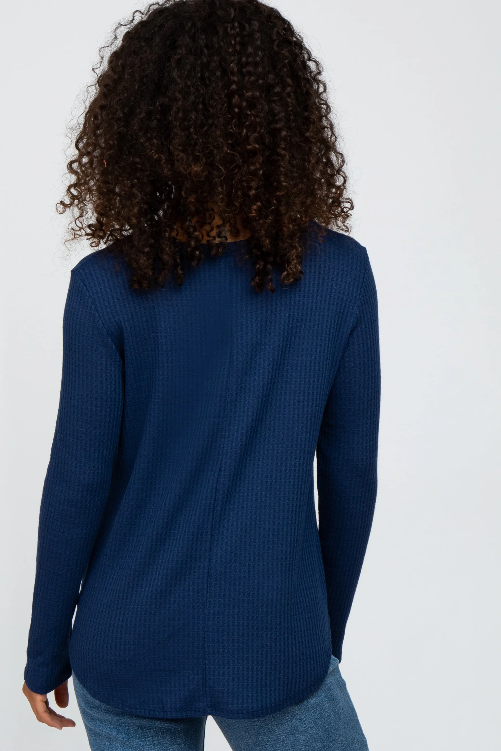 Navy Blue Basic Waffle Knit Long Sleeve Top