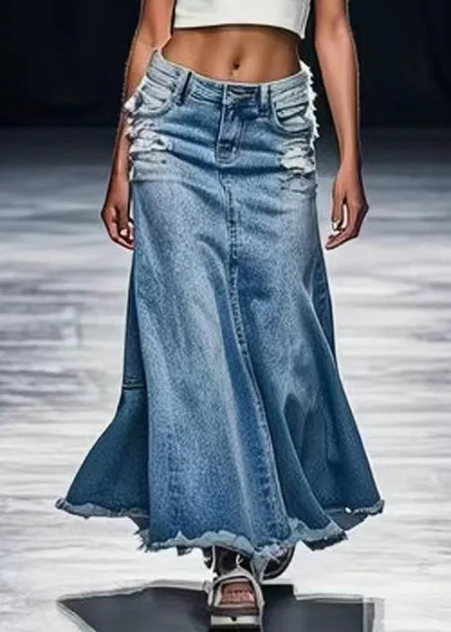 New Blue Hole Pockets High Waist Denim Maxi Skirts Summer