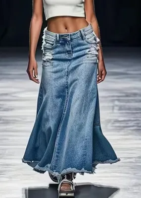 New Blue Hole Pockets High Waist Denim Maxi Skirts Summer