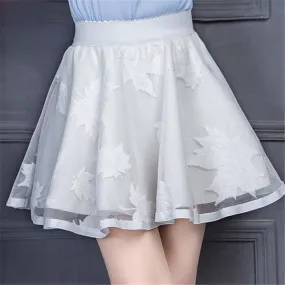 New  Leaves Lace Embroidery Tulle Skirt Mini Skirts Fashion Woman Translucence High Waist Skirts Pleated Skirt 72559 GS