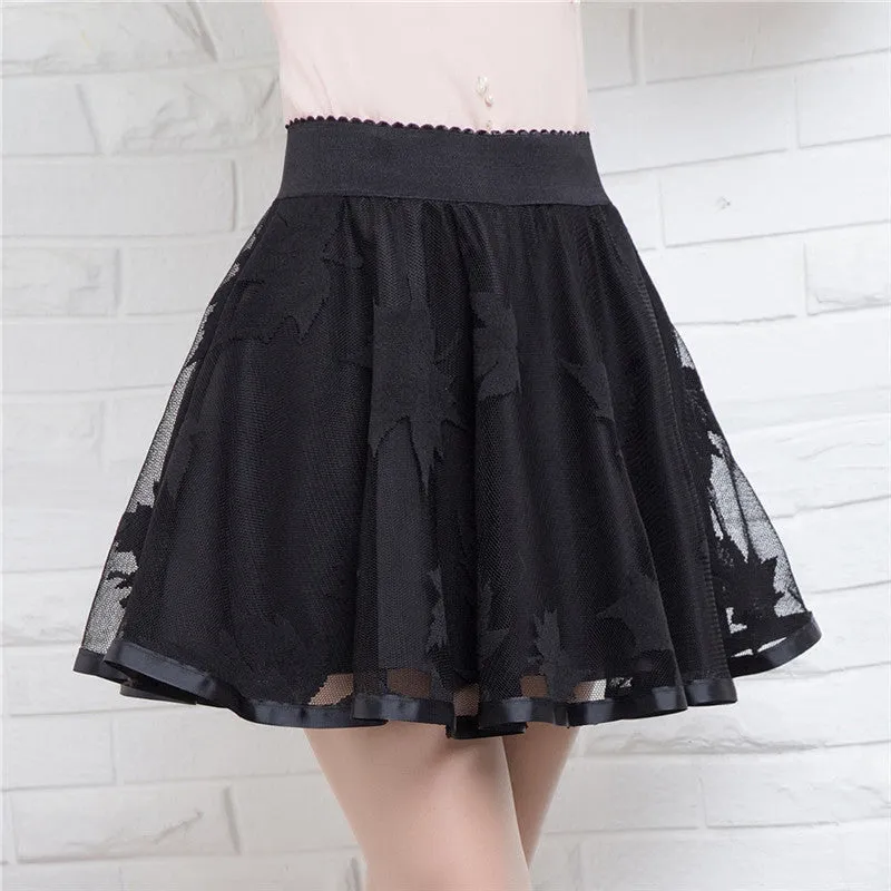 New  Leaves Lace Embroidery Tulle Skirt Mini Skirts Fashion Woman Translucence High Waist Skirts Pleated Skirt 72559 GS