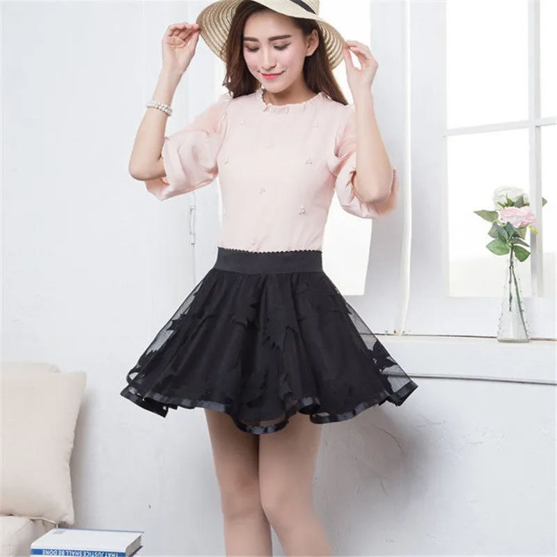 New  Leaves Lace Embroidery Tulle Skirt Mini Skirts Fashion Woman Translucence High Waist Skirts Pleated Skirt 72559 GS