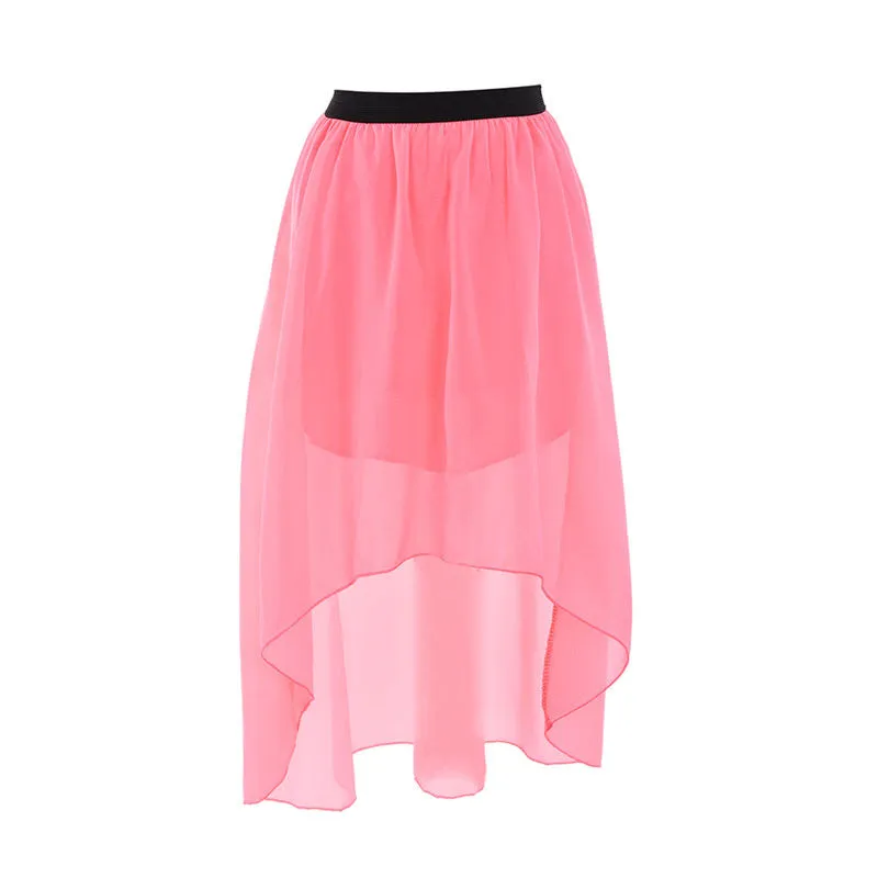 One Size Women Irregular Chiffon Skirt Elastic Waist High Low Asymmetrical Hem Long Maxi Skirts Double Layer 5 Color SM6