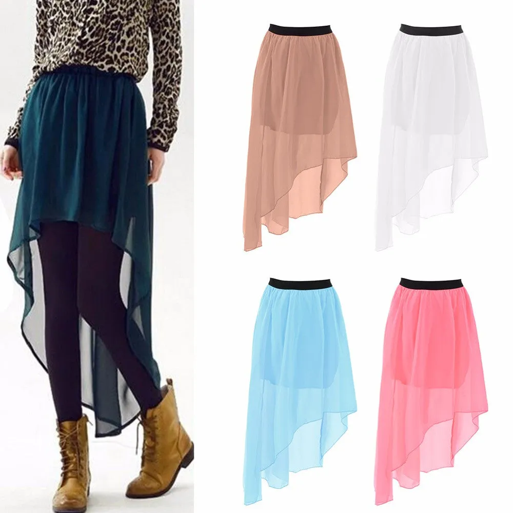 One Size Women Irregular Chiffon Skirt Elastic Waist High Low Asymmetrical Hem Long Maxi Skirts Double Layer 5 Color SM6