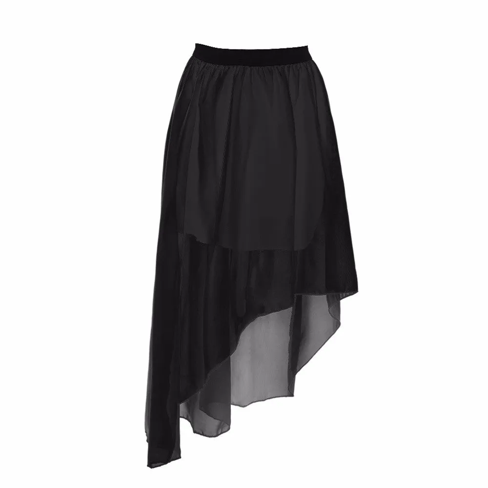 One Size Women Irregular Chiffon Skirt Elastic Waist High Low Asymmetrical Hem Long Maxi Skirts Double Layer 5 Color SM6