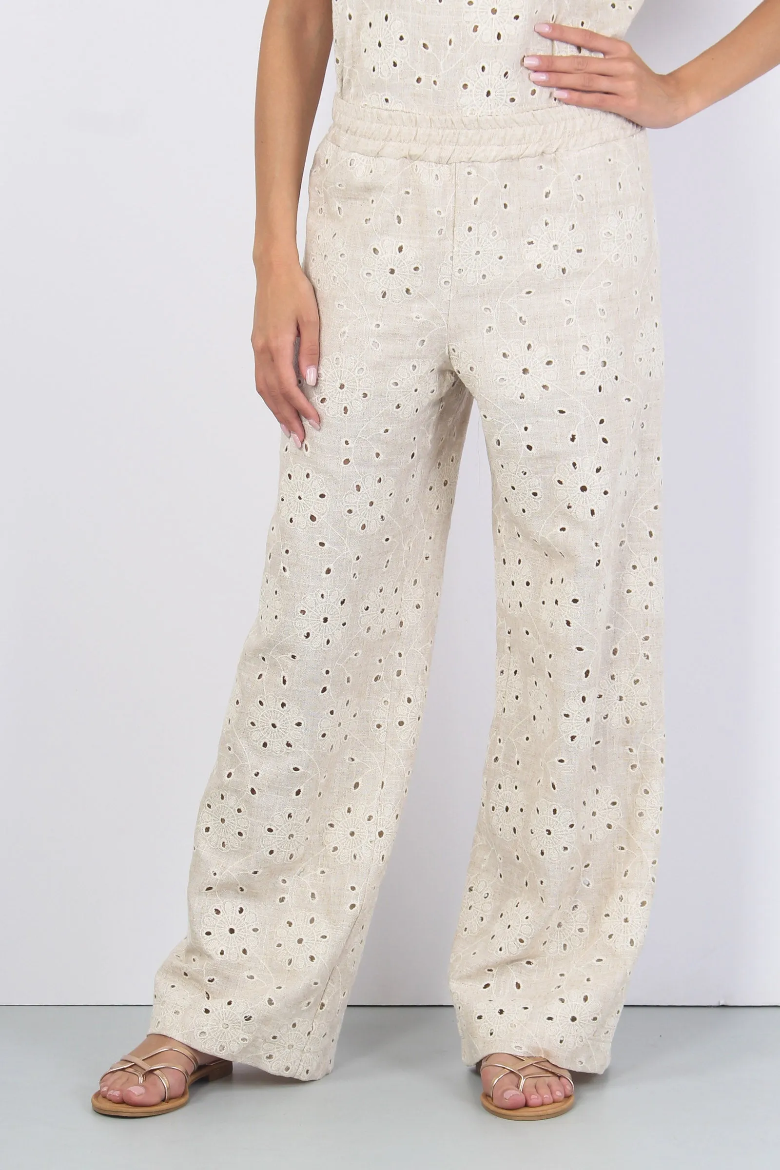 Pantalone Palazzo Ricami Fiori Beige