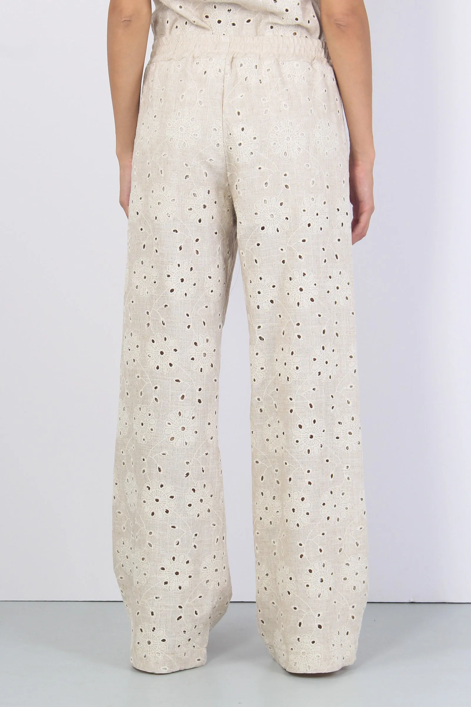 Pantalone Palazzo Ricami Fiori Beige