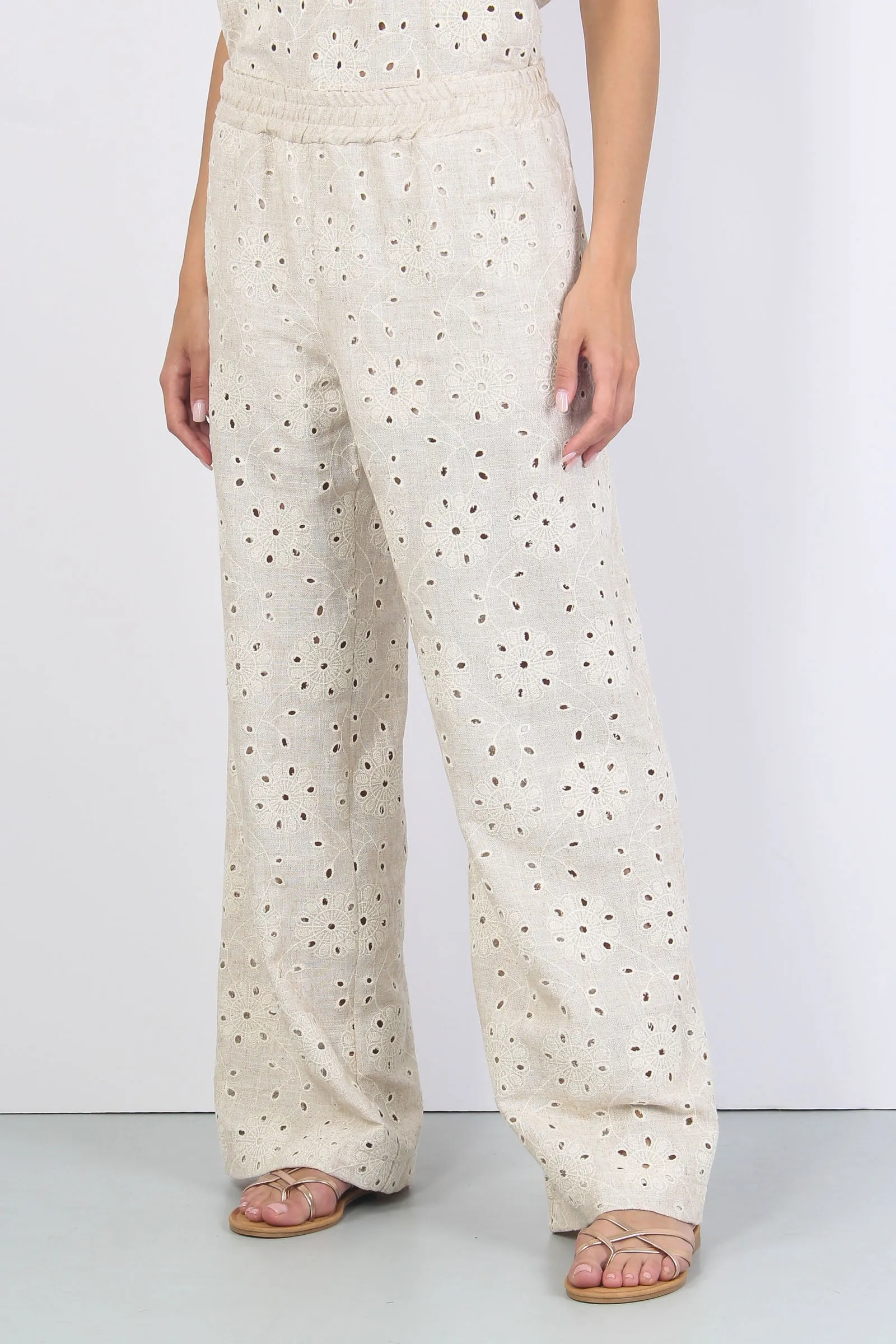 Pantalone Palazzo Ricami Fiori Beige