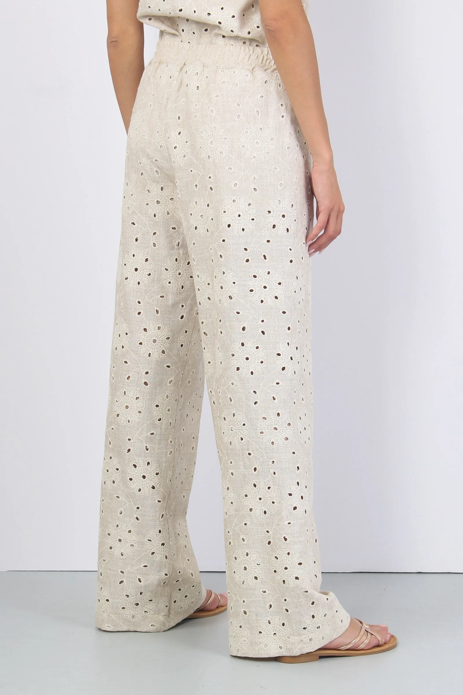 Pantalone Palazzo Ricami Fiori Beige