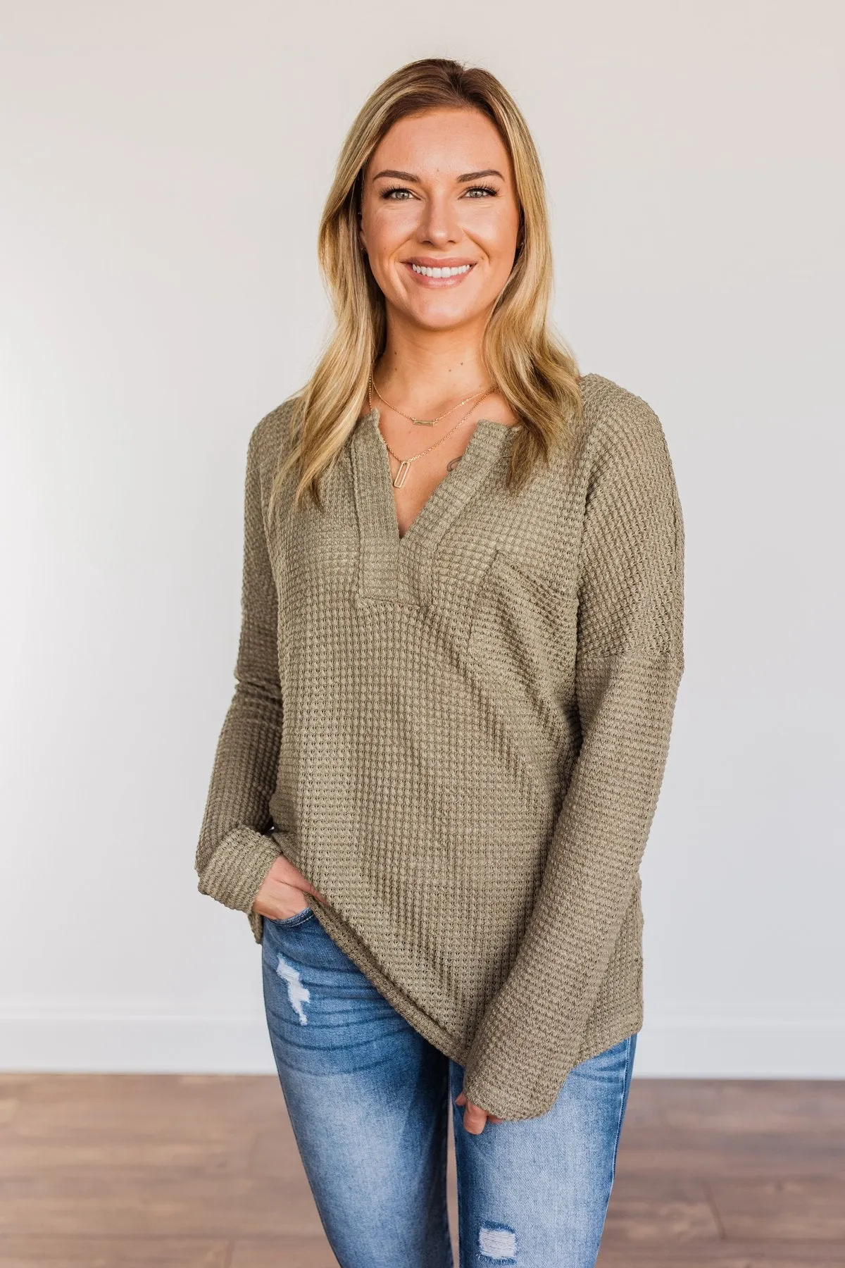 Ready For Whatever Waffle Knit Top- Dark Olive