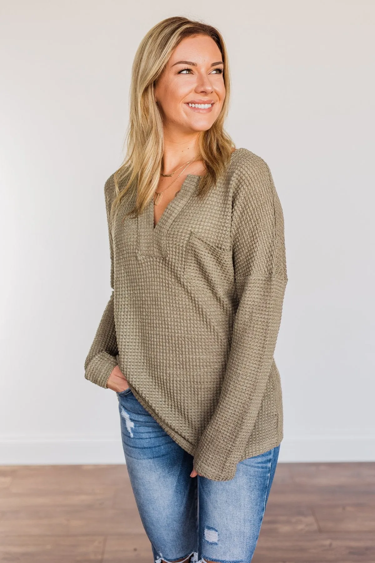 Ready For Whatever Waffle Knit Top- Dark Olive