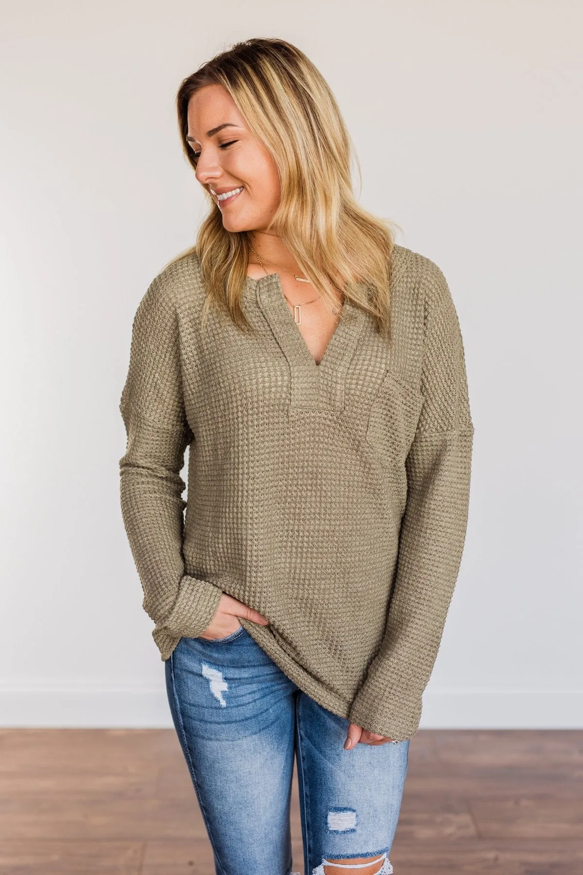 Ready For Whatever Waffle Knit Top- Dark Olive