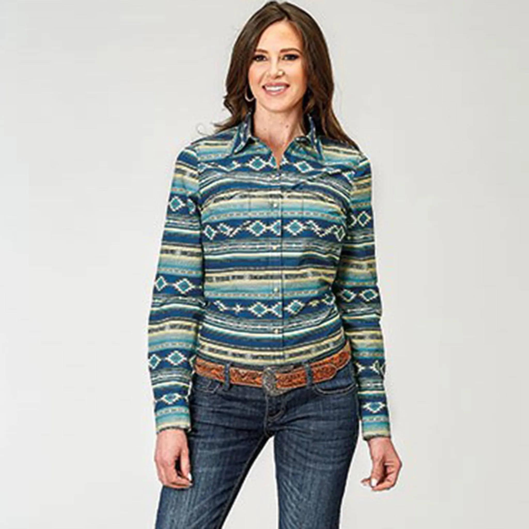 Roper Women's Blue Southwest Aztec Long Sleeve