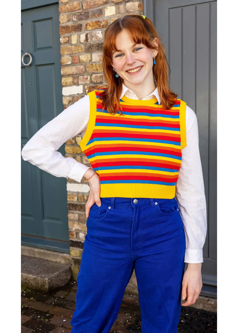 Run & Fly Bright Rainbow Stripe Cropped 70's Tank Top Multi