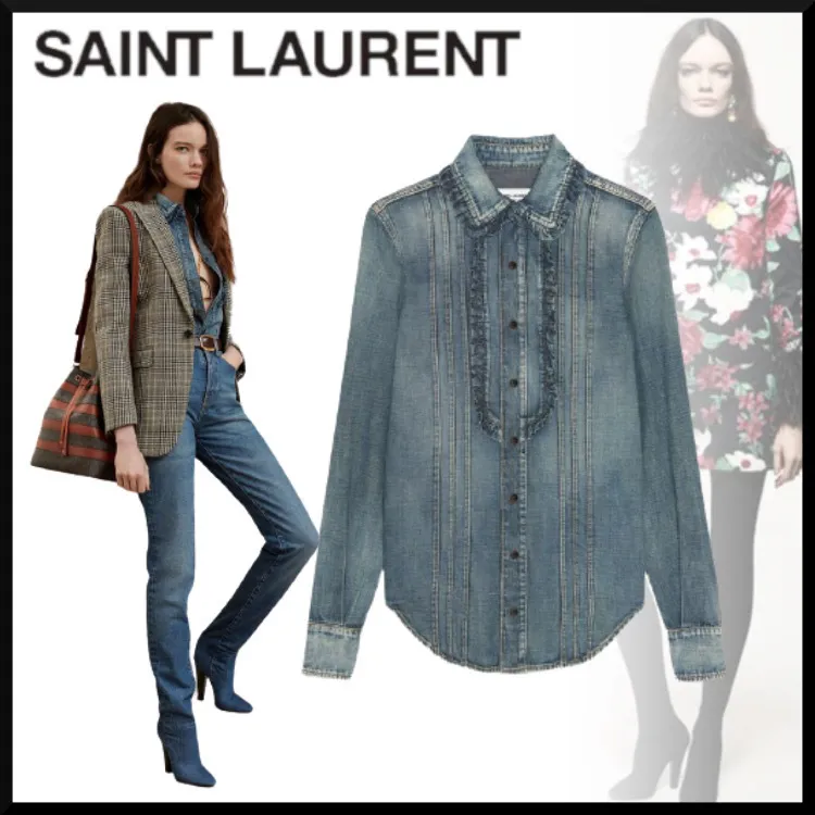 Saint Laurent  |Casual Style Denim Long Sleeves Plain Cotton Elegant Style