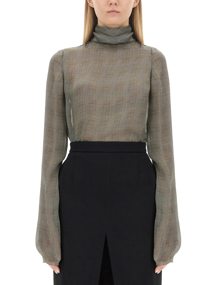 SAINT LAURENT    PRINCE OF WALES SILK CHARMEUSE TURTLENECK BLOUSE