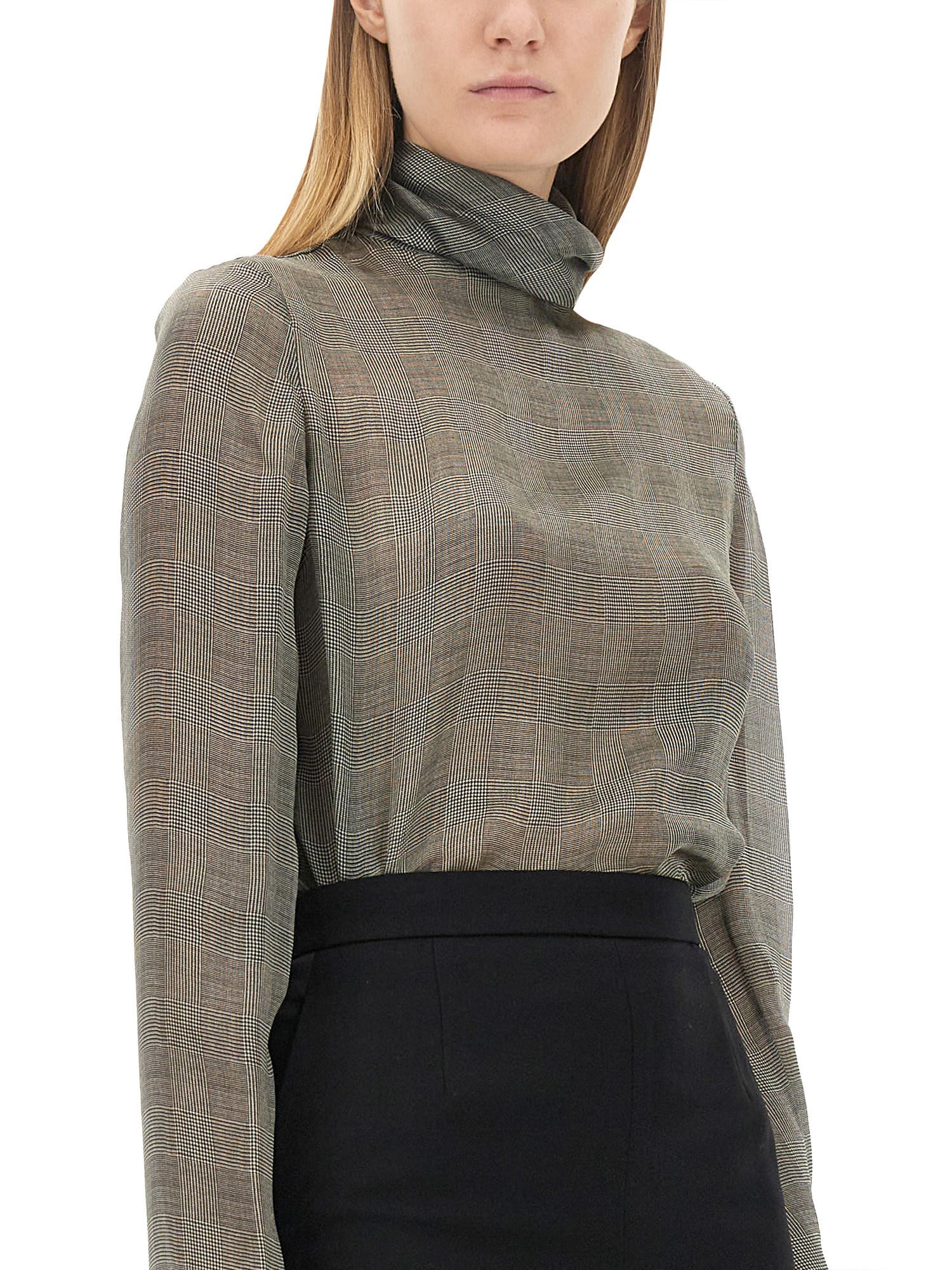 SAINT LAURENT    PRINCE OF WALES SILK CHARMEUSE TURTLENECK BLOUSE