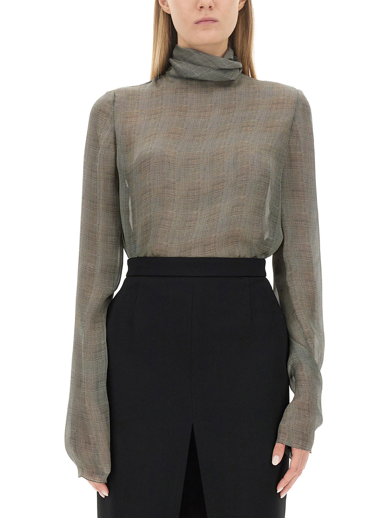 SAINT LAURENT    PRINCE OF WALES SILK CHARMEUSE TURTLENECK BLOUSE