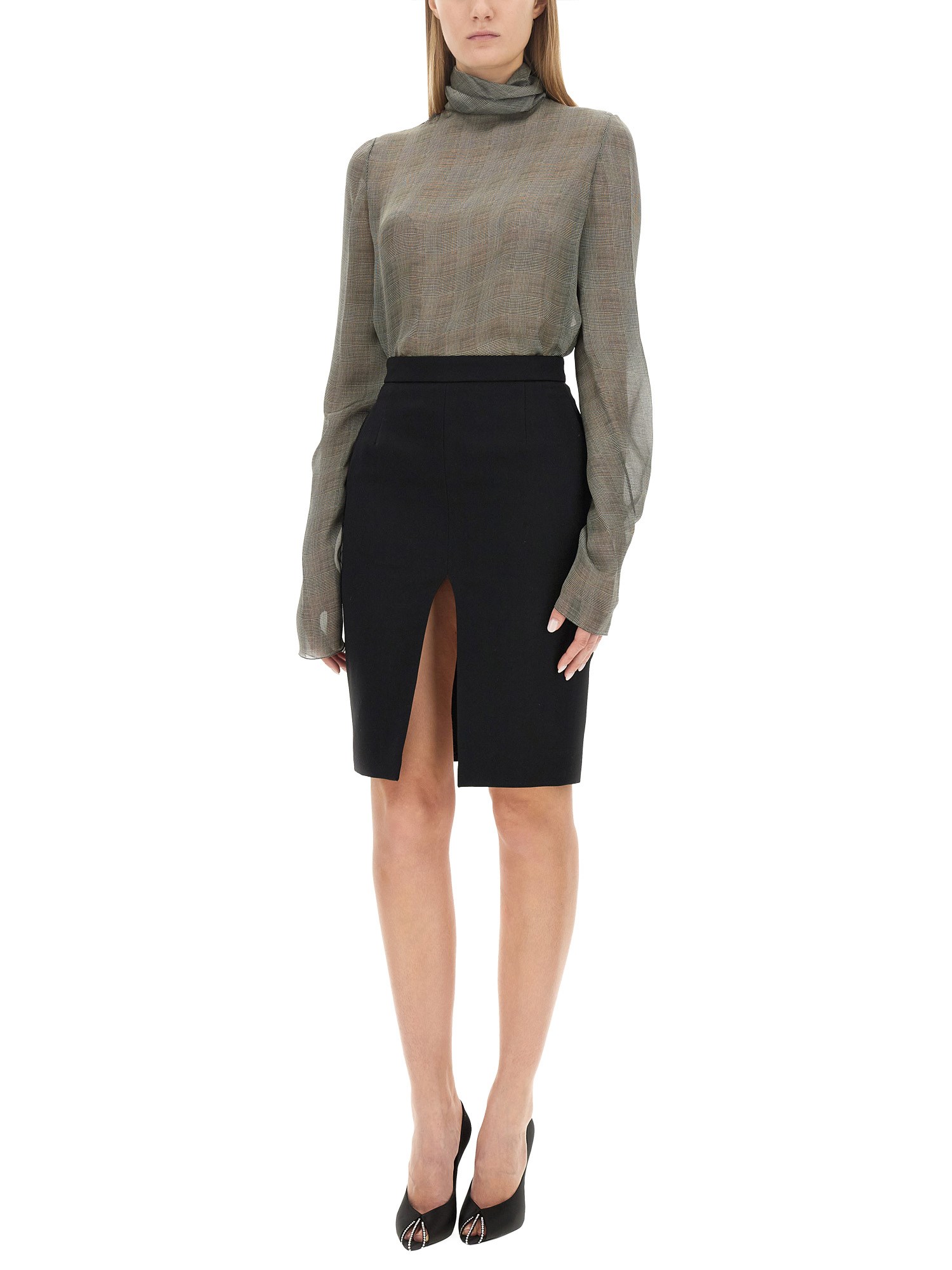 SAINT LAURENT    PRINCE OF WALES SILK CHARMEUSE TURTLENECK BLOUSE