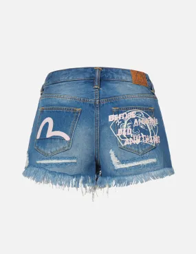 Seagull and Godhead Print Denim Shorts