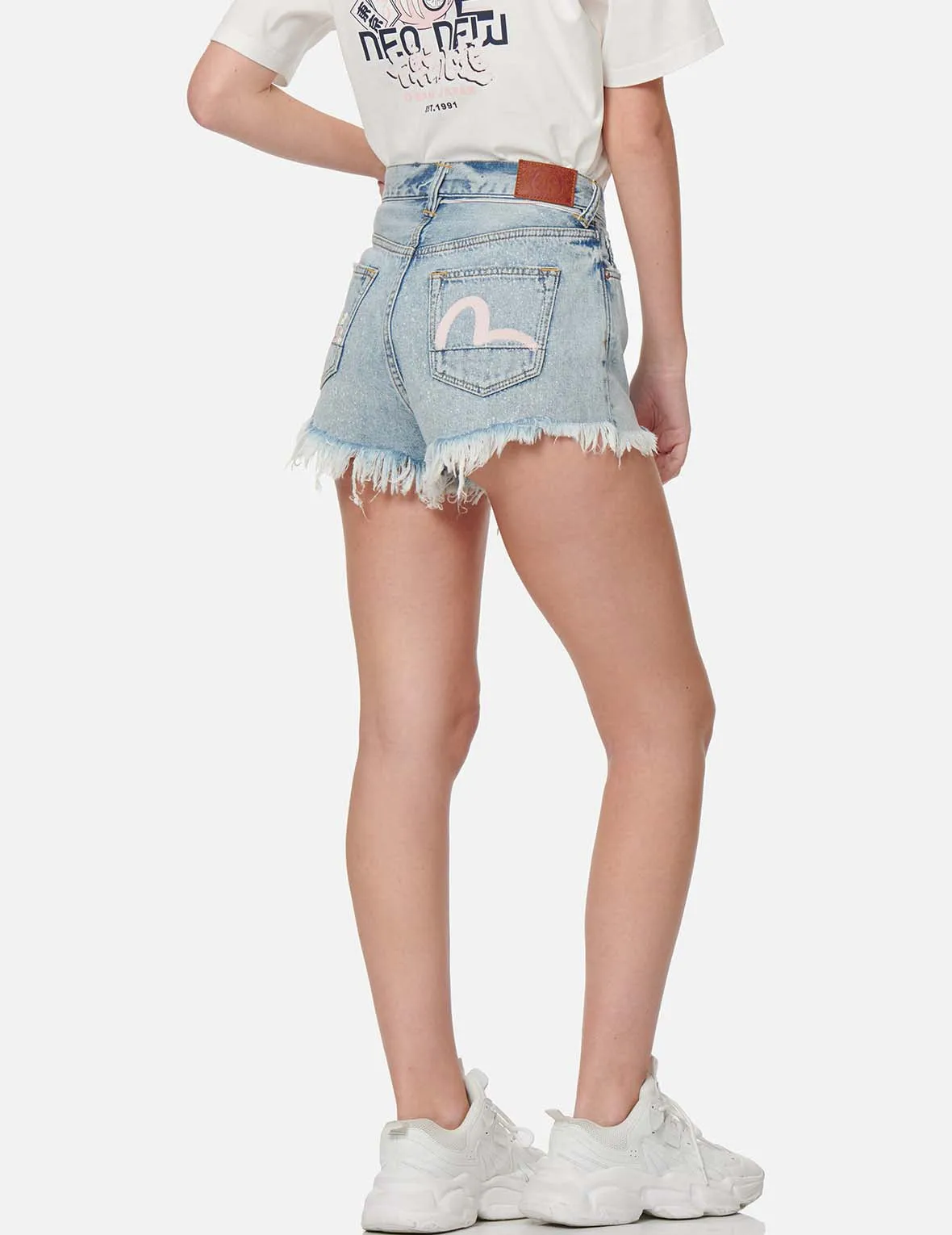 Seagull and Slogan Print Denim Shorts