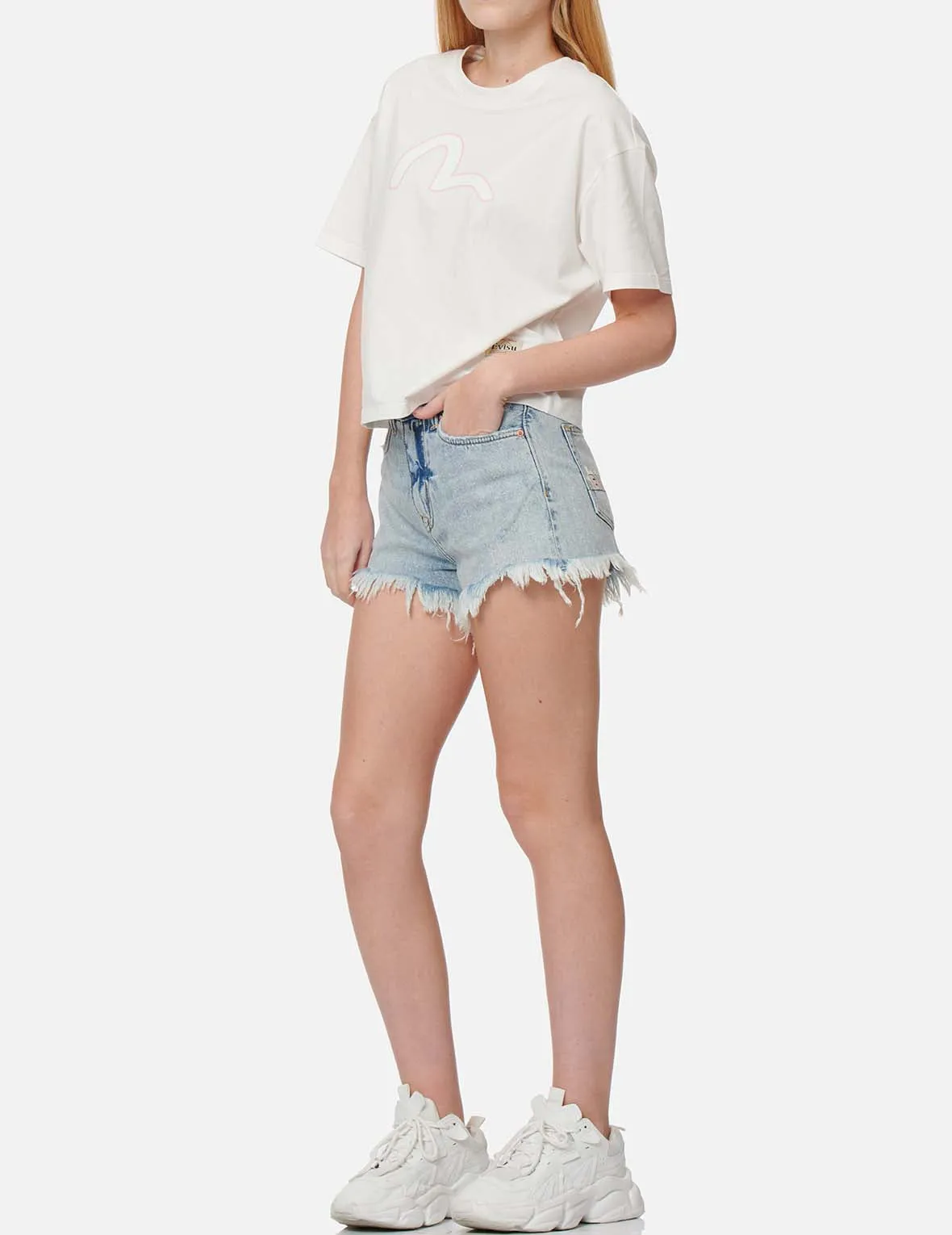 Seagull and Slogan Print Denim Shorts