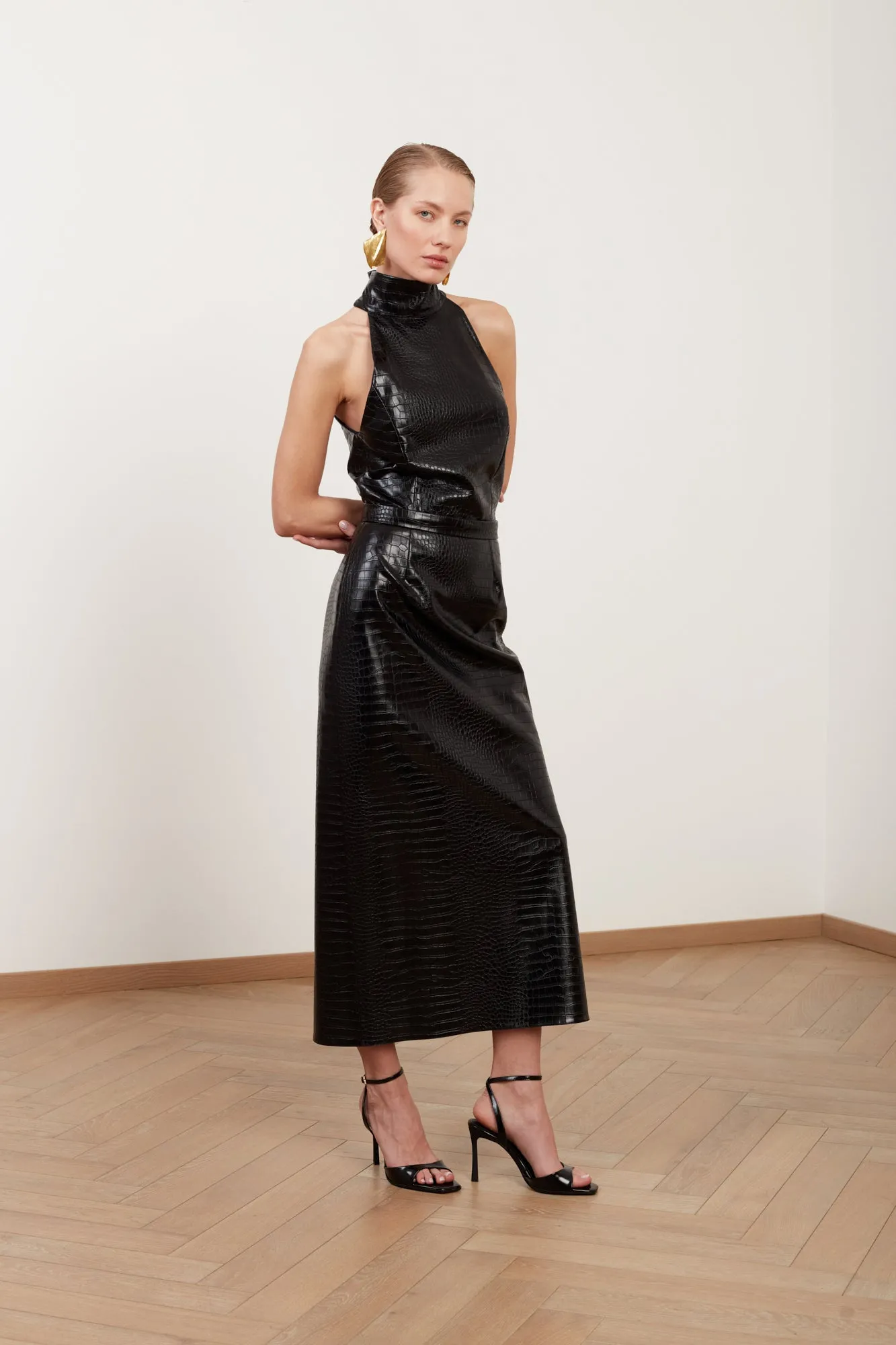 SENSA black textured vegan leather midi dress with turtleneck