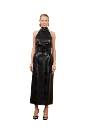 SENSA black textured vegan leather midi dress with turtleneck