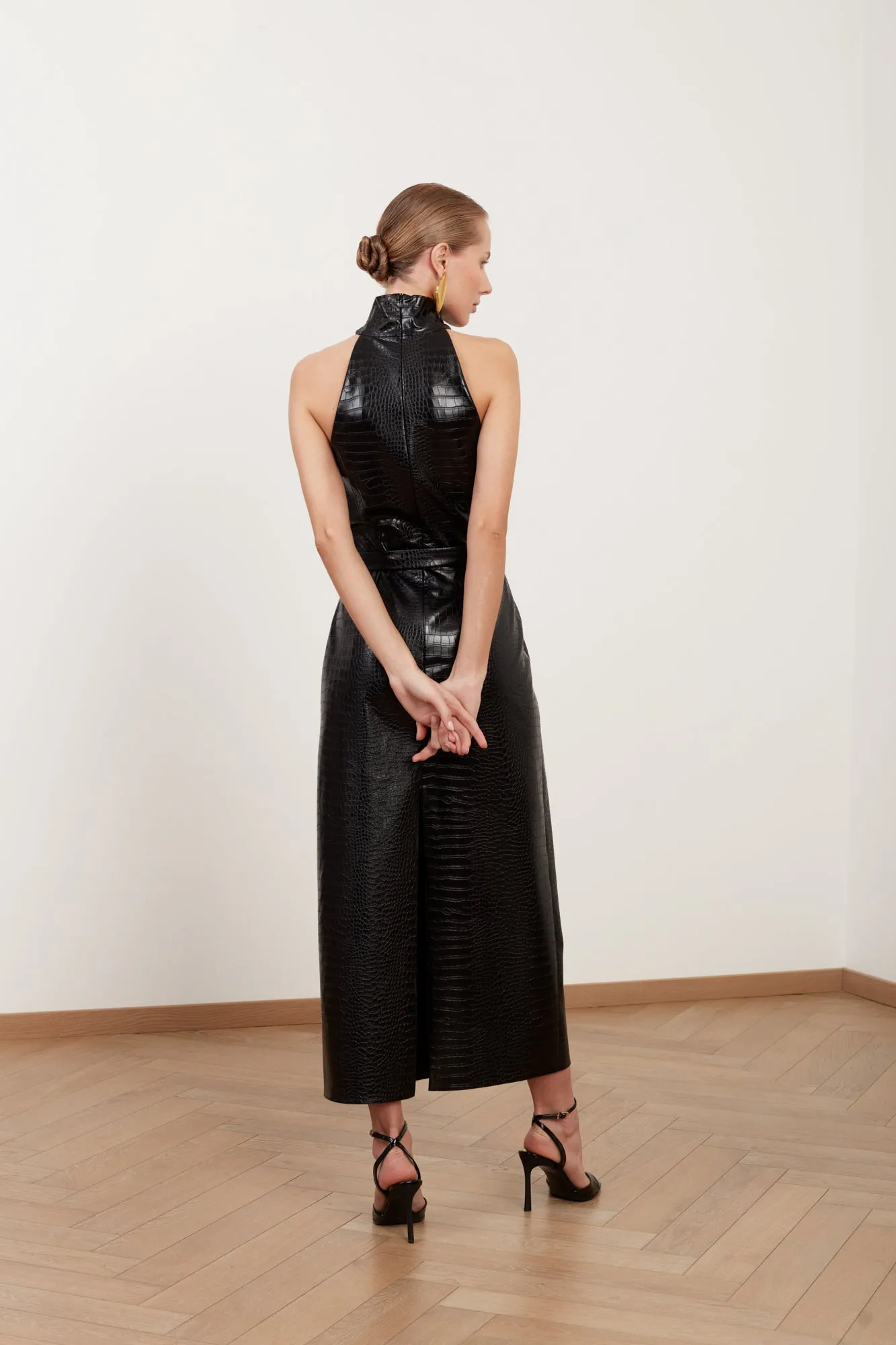 SENSA black textured vegan leather midi dress with turtleneck