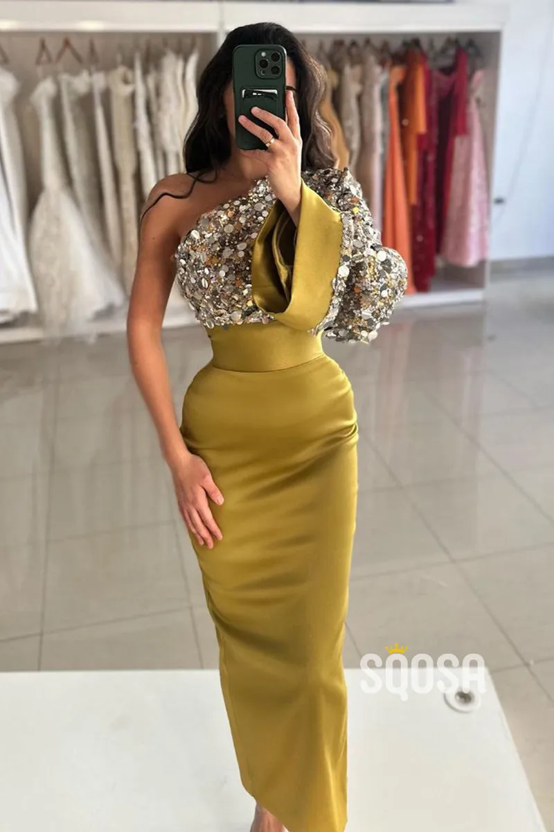 Sequins One Shoulder Green Long Sleeves Prom Dress Evening Gowns QP3194