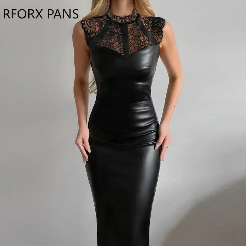 Sexy Evening Dresses Dress Lace Sleeveless PU Leather Bodycon Maxi Dress