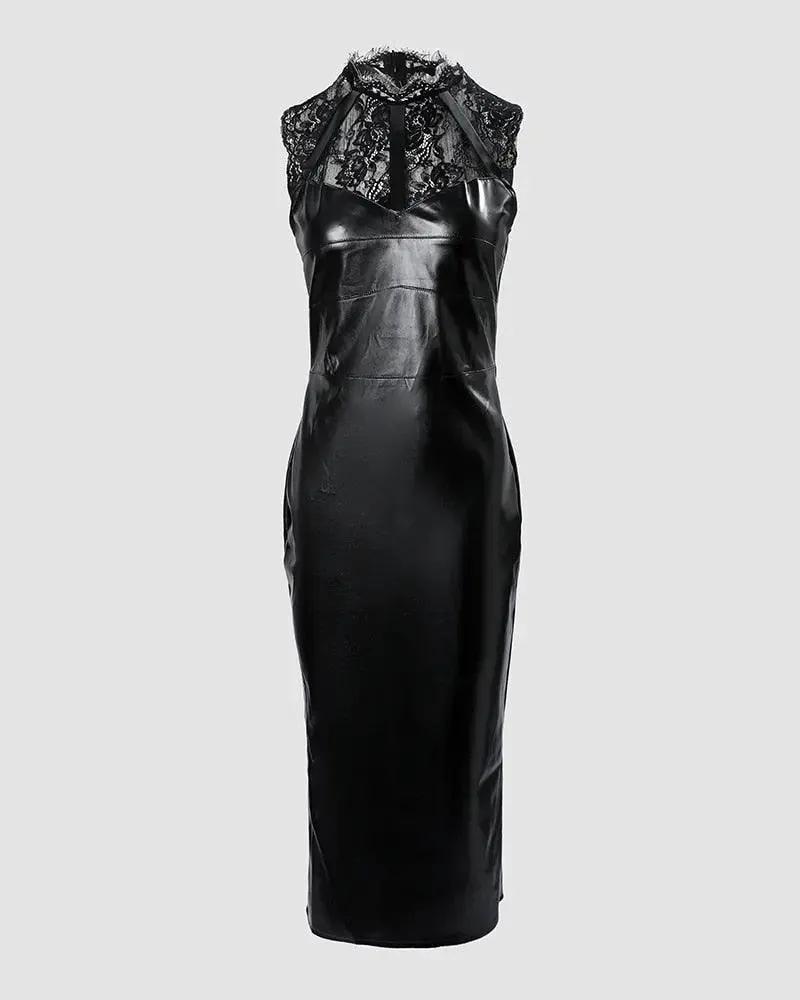 Sexy Evening Dresses Dress Lace Sleeveless PU Leather Bodycon Maxi Dress