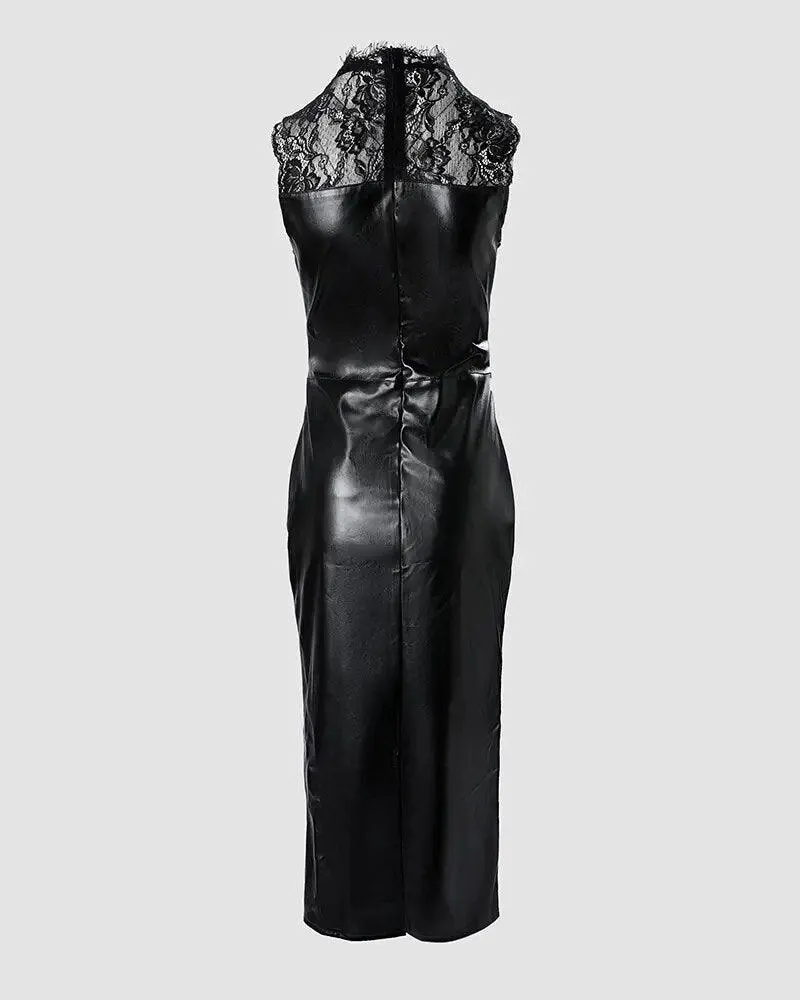 Sexy Evening Dresses Dress Lace Sleeveless PU Leather Bodycon Maxi Dress