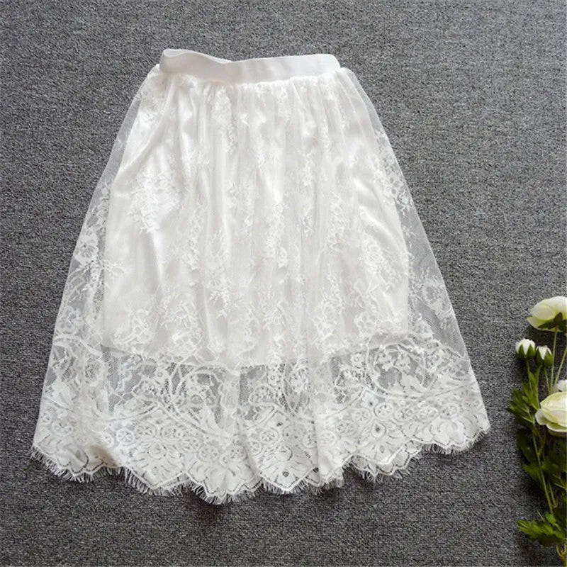 Skirt New  Cute Full Lace Embroidery Tulle Skirt Mini Skirts Fashion Woman translucence Skirts Pleated Skirt 72421 GS