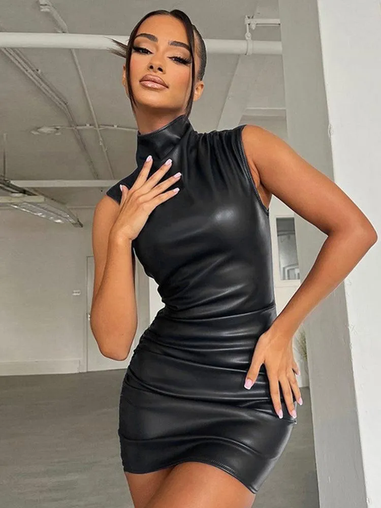 Sleeveless Ruched PU Leather Short Bodycon Dress